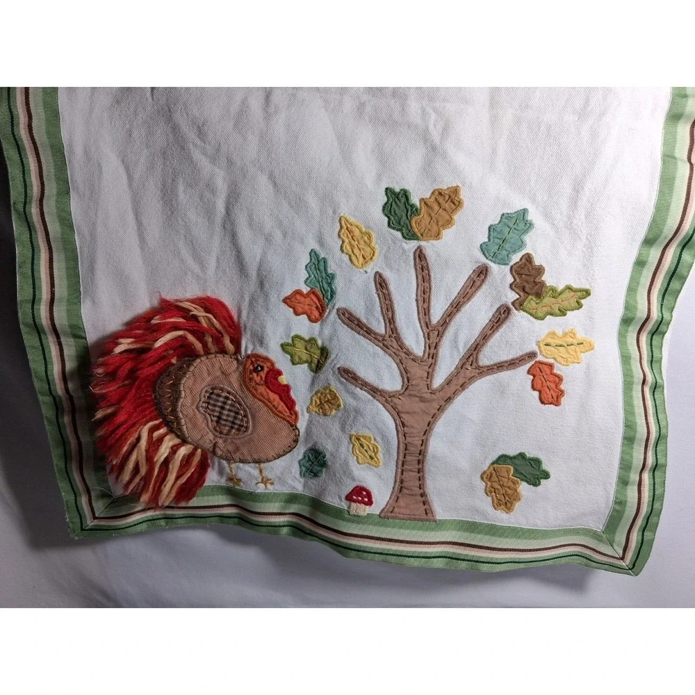 Pottery Barn Kids‎ Thanksgiving Turkey Applique Table Runner White Cotton 17x108